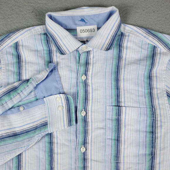 Tommy Bahama Other - Tommy Bahama Shirt Mens Medium Blue Striped Linen Blend Button Up Long Sleeve